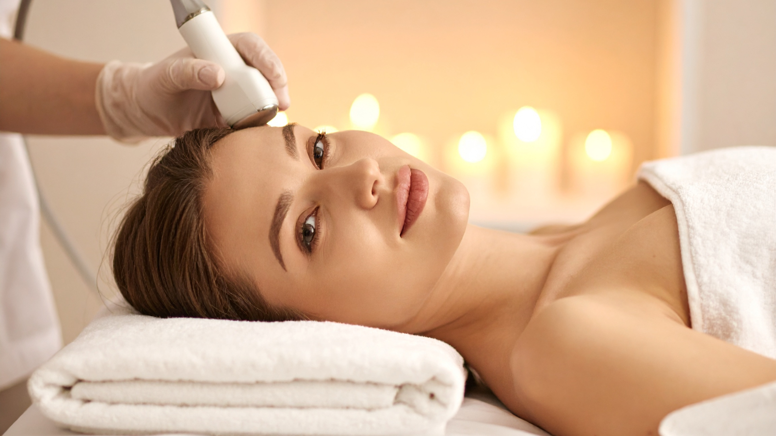 Mulher em clínica estética passando por tratamento de rejuvenescimento facial com tecnologia moderna e não invasiva.