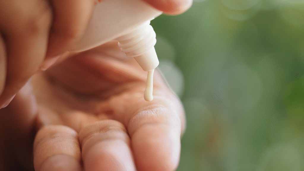 Mulher aplicando creme no rosto em ambiente iluminado, representando cuidados essenciais com a pele em diferentes estações do ano. Clínica Awada